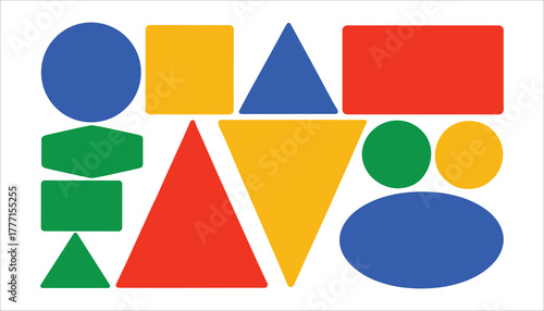 Collection of colorful geometric shapes including circles squares triangles ovals and hexagons on a white background