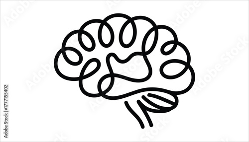Black abstract continuous line drawing of a human brain with cerebellum on white background mind head