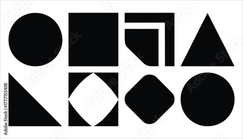 Collection of black geometric shapes including circle square triangle and rounded square on white background