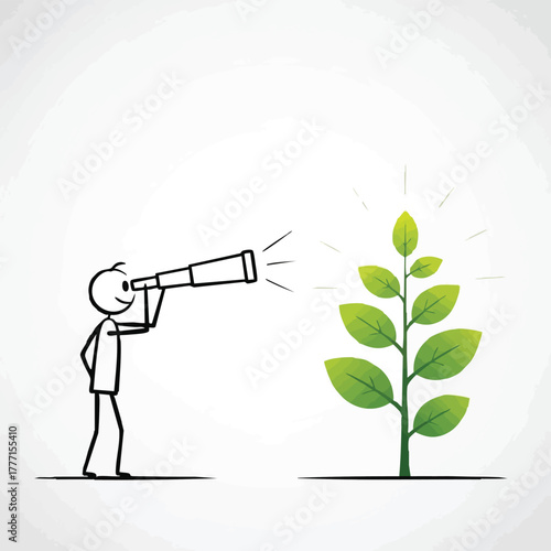 A stick figure uses a telescope to observe a growing plant, symbolizing vision, growth, and environmental awareness in a simple illustration.