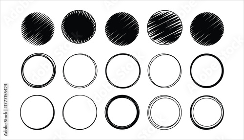 Collection of five black hatched circles and ten black outline circles on white background vector