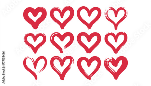 Twelve red hand drawn heart shapes with brush stroke texture on white background symbol