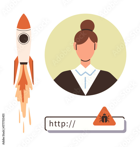 Female professional avatar, website address bar with bug warning alert, and a launching rocket. Ideal for business growth, start-up, technology, cybersecurity, innovation, online threats career