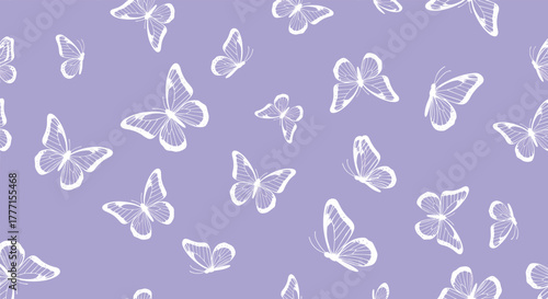 A delightful seamless pattern featuring white hand-drawn butterflies fluttering gracefully across a tranquil light purple background.