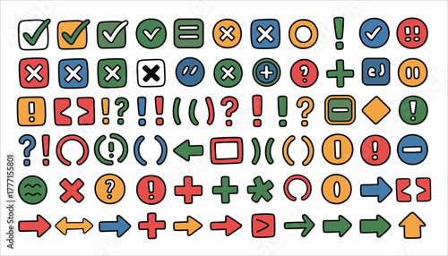 Collection of hand-drawn colorful icons including checkmarks crosses question marks exclamation points arrows and mathematical symbols