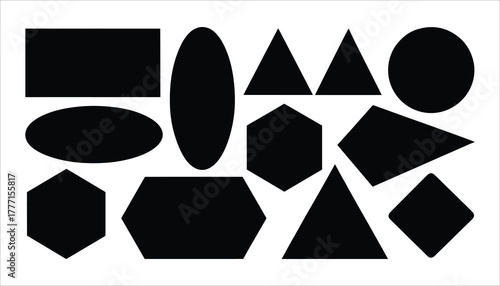 Collection of black geometric shapes including hexagons ovals triangles rectangles and circles on a white background