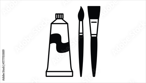 Black and white illustration of a paint tube and two artist brushes on a white background artistic