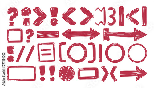 Collection of hand drawn red punctuation marks arrows and shapes on white background symbol sign