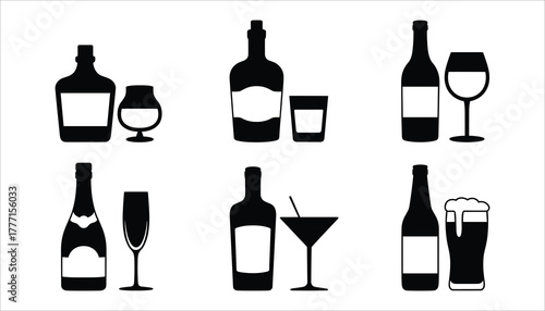 Collection of black silhouette icons of various alcoholic beverage bottles and glasses on a white background