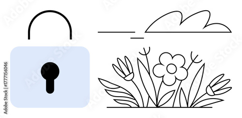 Padlock, cloud, and blooming flowers representing security, harmony, privacy, protection, growth safety environment and balance. Ideal for data ecology and sustainable living themes. Simple flat