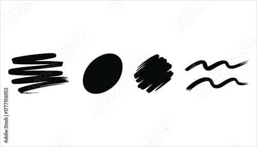 Black brush stroke shapes zig zag oval scribbled patch and wavy lines on white background abstract