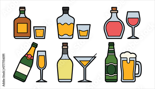 Collection of flat design beverage icons including whiskey bottles and glasses wine bottle and glass martini glass champagne bottle and flute beer bottle and mug