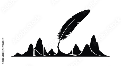 Elegant feather pen emerges from dark ink creating creative waves