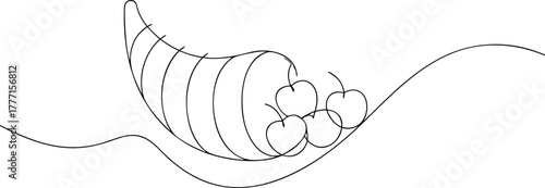 Black outline cornucopia overflowing with cherries on wavy lines