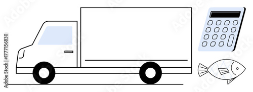 Truck for transportation, calculator, and fish symbolizing supply chain, logistics, accounting, seafood business, food delivery, market analysis trade. Ideal for commerce efficiency simple flat