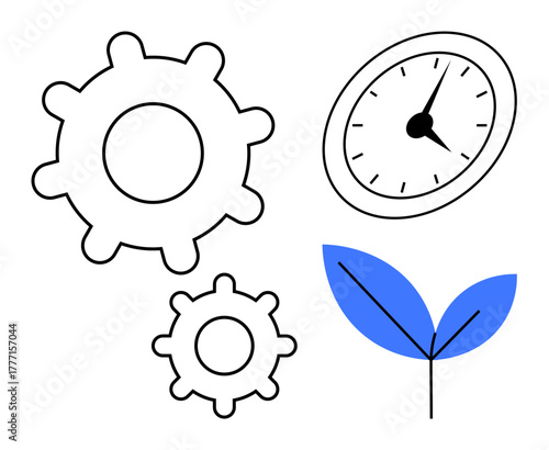 Gears, clock, and leaf forming a concept of time management, productivity, and sustainable growth. Ideal for business, innovation, eco-consciousness, efficiency development engineering