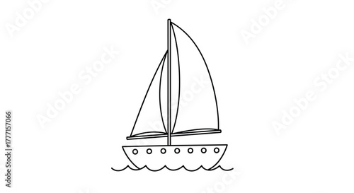 A simple black and white line art drawing of a sailboat with two sails, floating on wavy water against a white background.