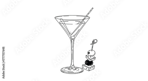 Line drawing of a martini cocktail in a classic V-shaped glass with a straw, alongside a skewer of olives and cheese cubes.