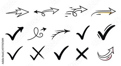 Hand-drawn doodle set featuring various arrows, check marks, and X-marks for design elements and user interface.