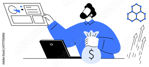 Businessman examining charts, holding a money bag, with laptop, network graphic, and rising arrows. Ideal for finance, investment, growth, analytics strategy business and success concepts simple