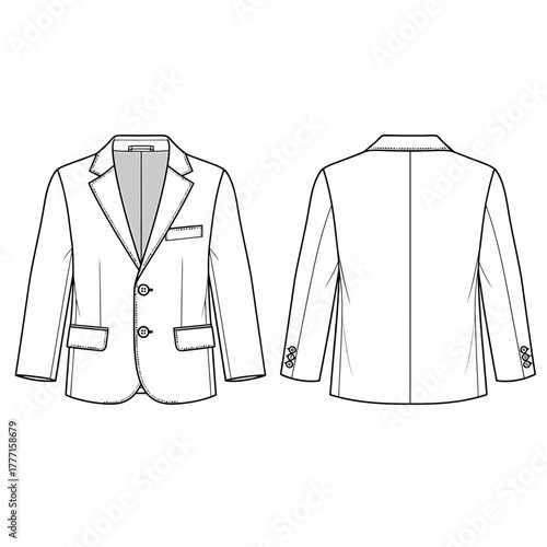 Classic 2-Button Blazer Technical Fashion Flat Sketch (Front & Back Views)
