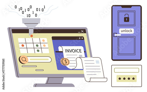 Monitor processes data input to generate invoices, secure door with unlock option and password entry panel. Ideal for finance, security, technology, automation, password protection, data management