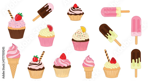 A delightful collection of colorful ice cream treats, popsicles, and beautifully decorated cupcakes, perfect for summer desserts and sweet indulgences.