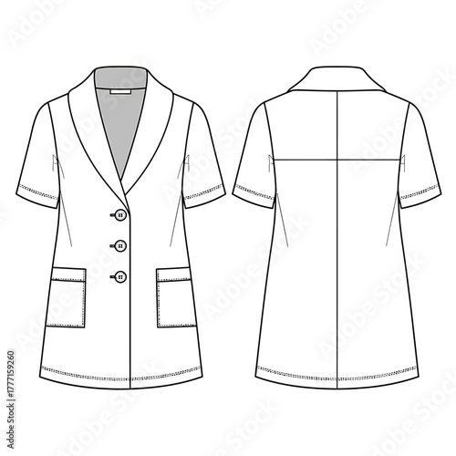 Short Sleeve Shawl Collar Uniform Tunic Technical Fashion Flat Sketch