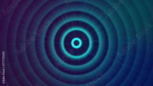 Cyan Neon Concentric Circles with Radial Light Effect abstract background. Abstract neon design featuring cyan concentric circles radiating light in a dynamic glowing pattern.