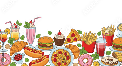 Colorful hand-drawn illustration of popular fast food, sweet treats, and refreshing beverages creating a vibrant seamless border on a white background.