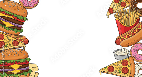 Assortment of classic fast food items like burgers, pizza slices, hot dogs, french fries, and donuts bordering a clear white space.