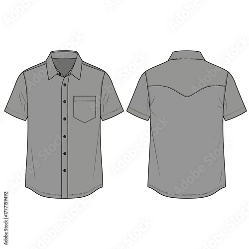 Casual Short Sleeve Button Up Shirt Technical Fashion Flat with Curved Yoke