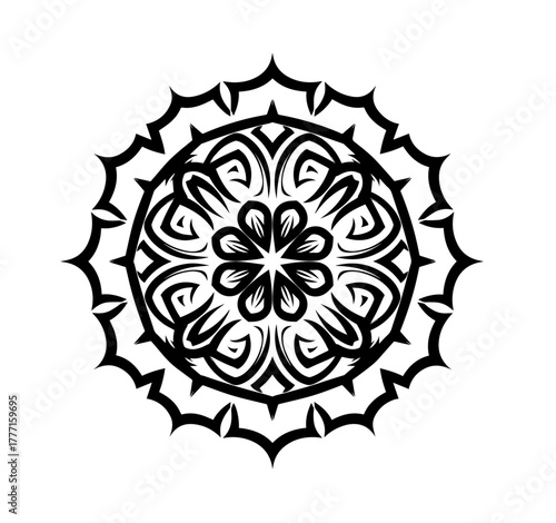 A symmetrical black and white mandala blossoms from an eight-petaled flower into intricate swirls, culminating in a fierce, spiky corona of pointed tips