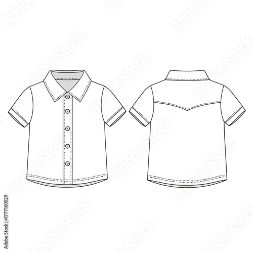 Short Sleeve Button-Down Shirt with Western Yoke Technical Fashion Flat