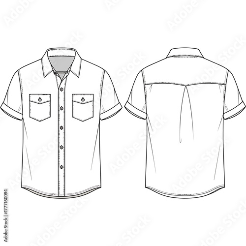 Men's Short Sleeve Collared Shirt Technical Sketch with Double Pockets (Front & Back)