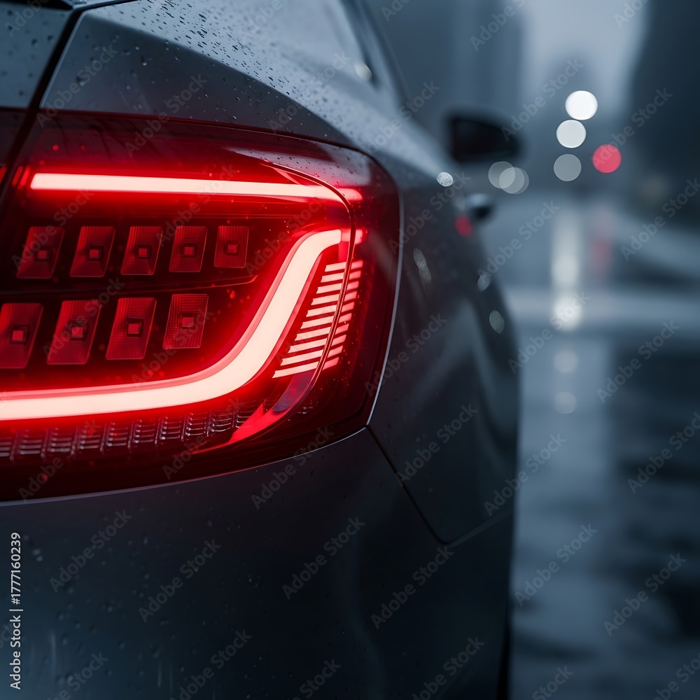 Obraz premium Illuminated Tail Light of a Modern Car on a Rainy Night.