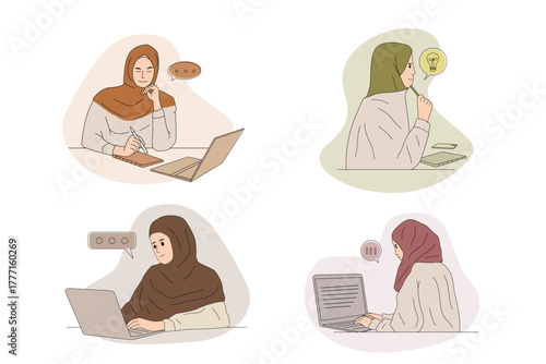 set of arab business woman lady work or female office worker with icon in muslim robe and hijab with laptop notebook flat vector people