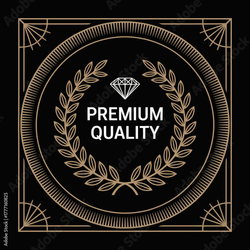 This chic image features a premium quality seal adorned with a diamond emblem and a laurel wreath, embodying sophistication and luxury against a sleek black backdrop.