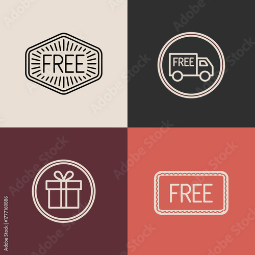 This set of promotion icons highlights free offerings, including delivery and gift imagery that convey value, perfect for marketing materials and online promotions.