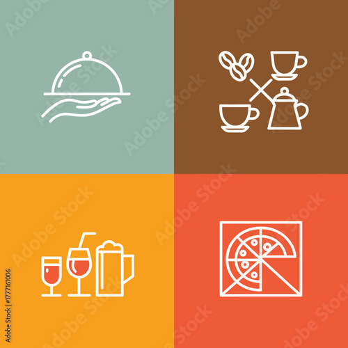 Featuring a series of stylized food and beverage icons, this image emphasizes social interaction and enjoyment through visual representation of dining experiences and drinks.