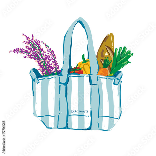 reusable shopping bag with fresh vegetables bread and flower in hand drawn style, Vector art healthy and sustainability Illustration for branding, advertising, posters, banners.