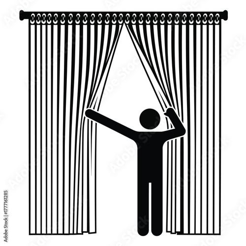 Black silhouette of a person pulling open curtains, revealing a bright space, symbolizing discovery, revelation, or a new beginning
