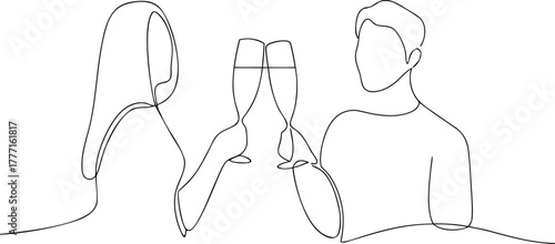 Couple toasting champagne glasses continuous line drawing