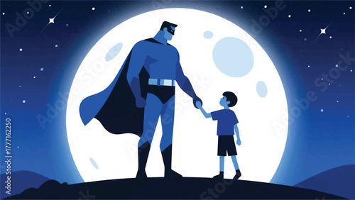 Superhero Father and His Son Illustrator Artwork Banner Background Design Template 