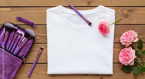 White tshirt flat lay with makeup brushes, roses, and wooden background