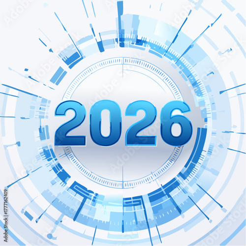 2026の数字が浮かぶ未来的なデジタルテクノロジーデザイン