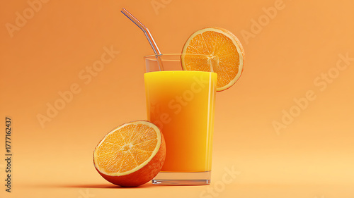 A glass of orange juice with a straw and orange slices on an orange colored background studio shot