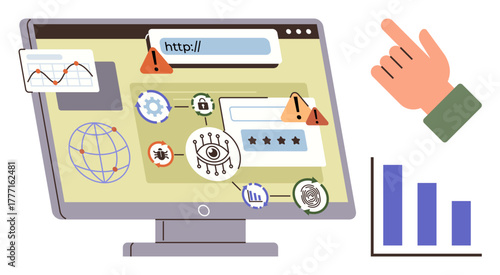 Warnings, bugs, and locks on a monitor highlight cybersecurity risks. Includes analytics, malware, settings, graph, and global search. Ideal for technology security data analytics internet
