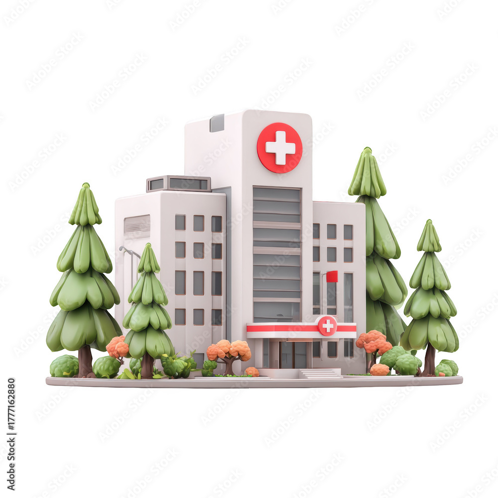 Obraz premium Charming 3D hospital building surrounded by lush trees and greenery, perfect for healthcare visuals.