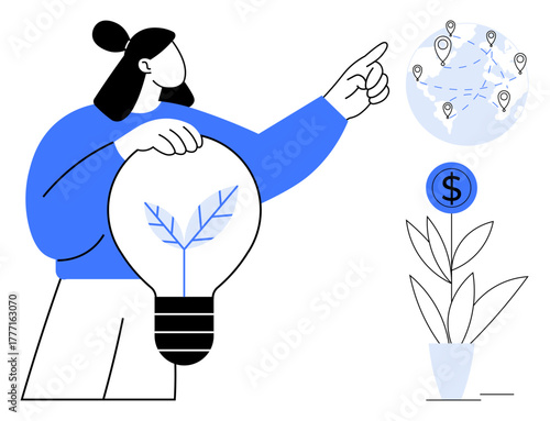 Woman holding eco-lightbulb with leaf symbol, pointing to global network with location markers, plant growing with dollar sign. Ideal for sustainability, innovation, ecology, business